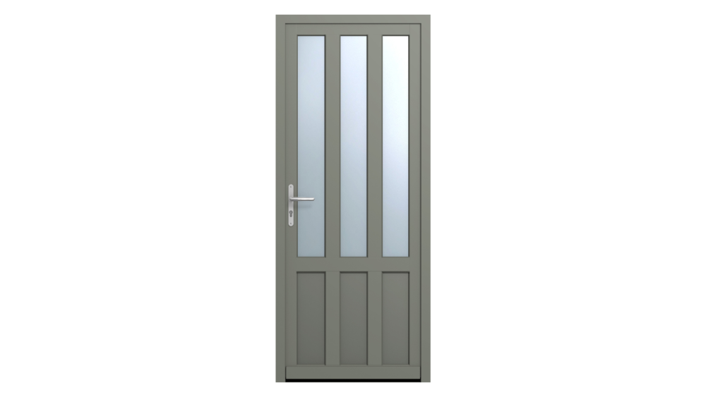 Porte d'entrée bois INDUS 2 Porte d'entrée grise avec 3 rectangles vitrées sur la quasi totalité de la porte